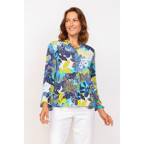 Habitat Tops - Habitat Floral Blouse Top Flare Flutter Sleeve Tiered Artsy Drapes Classic Large